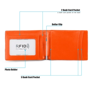 Internal view of slim orange wallet showing RFID blocking card slots and metal money clip