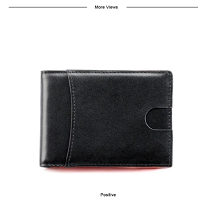 Close-up of slim black leather wallet with curved card slots and red interior lining