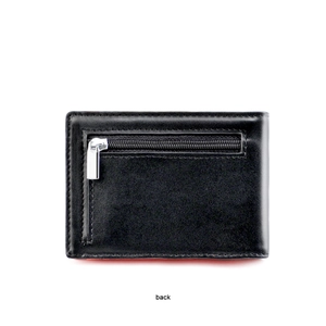 Slim minimalist men's leather wallet back view featuring a silver metal zipper pocket