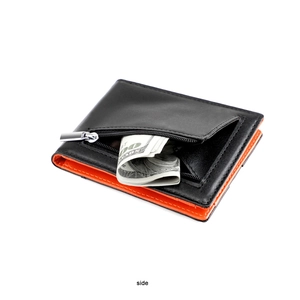 Detail view of ultra-thin bifold wallet showing side zipper pocket with cash storage