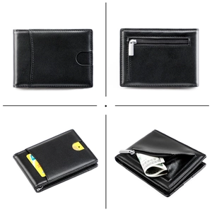Detailed multi-angle view of black slim RFID wallet with card slots and a zipper coin pocket