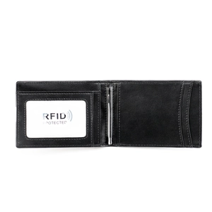 Detail view of black leather wallet interior with RFID protection and silver money clip
