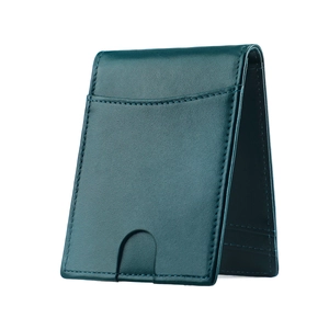 Detailed view of deep teal leather slim wallet with RFID blocking and card slots