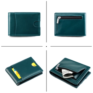 Detail of dark green leather bifold wallet with RFID blocking slots and coin pocket
