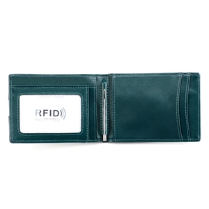 Detail view of dark green slim leather wallet with money clip and RFID card slots