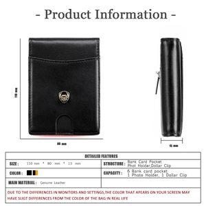 Detailed specs of slim genuine leather RFID wallet with dimensions 110x80mm and money clip