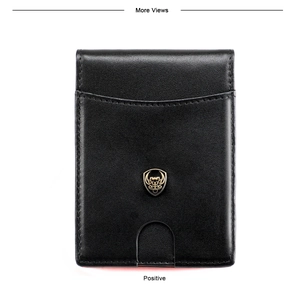 Detail view of slim leather wallet featuring RFID shield and a golden metal shield emblem