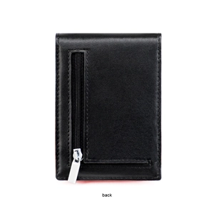 Rear view of slim leather wallet with silver zipper pocket for coins and cards