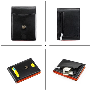 Slim men's RFID leather wallet featuring black exterior, orange lining, and metal money clip