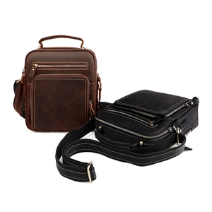 Vintage crazy horse leather men's messenger bag in dark brown and black colors
