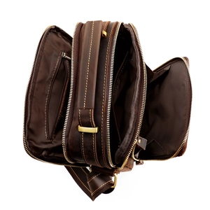 Vintage dark brown crazy horse leather messenger bag with multiple zipper compartments