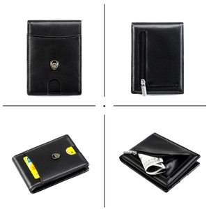 Detail view of men's slim black leather wallet with multiple card slots and zipper pocket