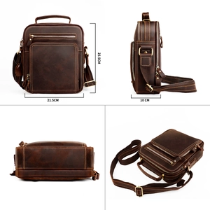 Vintage crazy horse leather men's messenger bag shown from front, side, and bottom views
