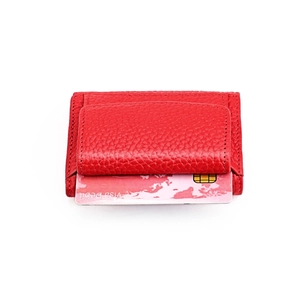 Compact red genuine leather wallet with lychee texture and card slots for women