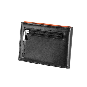 Slim bifold wallet in black leather with orange interior and rear zipper pocket
