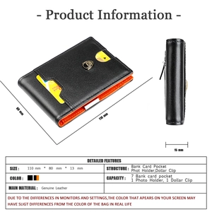 Detailed size chart showing 110x80mm slim leather wallet with orange interior and card slots