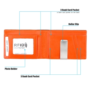 Detail view of orange leather bifold wallet with card slots and a metal money clip
