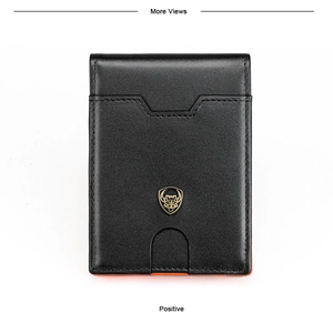 Detailed front view of black leather RFID wallet with orange lining and shield logo