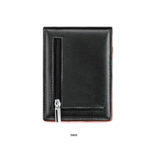 Slim black leather wallet with rear silver zipper pocket and orange contrast edge