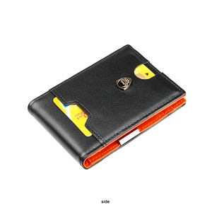 Detail of slim leather bifold wallet with orange interior and QuickPass card slots