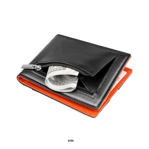 Detail of slim leather bifold wallet with orange contrast stitching and zipper pocket