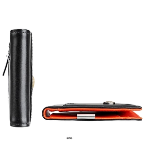 Detail of slim leather wallet with RFID blocking, orange lining, and metal money clip