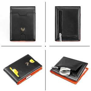 Slim leather wallet for men with orange interior and functional zipper coin pocket