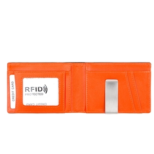Detail of orange leather wallet interior featuring RFID slots and silver money clip
