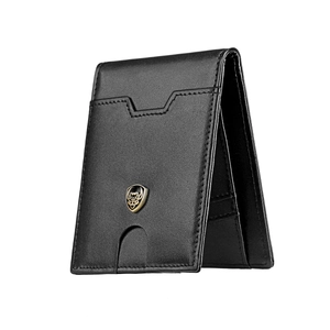 Detail of slim black leather bifold wallet with gold shield emblem and RFID blocking