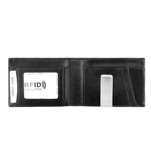 Detail of RFID-blocking slim leather wallet with silver money clip and card slots