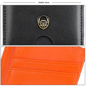 Close-up of litchi leather texture, dual stitching, and metallic logo on RFID wallet