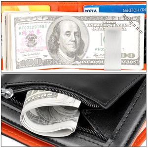 Detail of RFID slim bifold wallet showing orange lining, card slots and metal zipper