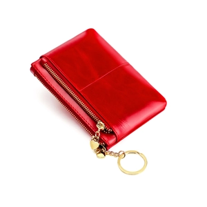Chic red oil wax leather coin purse with golden heart pendant and keychain