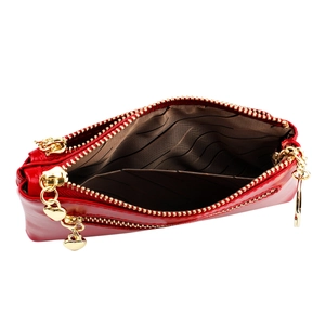 Red oil wax leather multi-zip coin purse for women with golden heart pendant detail