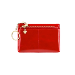 Red oil wax leather coin purse with heart pendant zipper and gold keychain ring