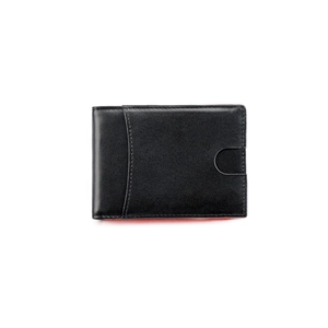 Slim minimalist RFID blocking black leather wallet with U-shaped card slot and red lining