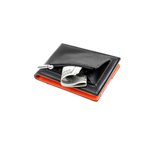 Slim bifold men's wallet in black and orange leather with RFID blocking and coin zipper