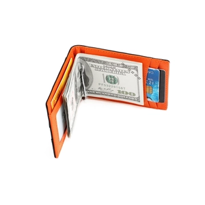 Slim men's bifold wallet with black leather, orange interior, and silver money clip