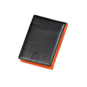 Minimalist RFID slim leather bifold wallet in black with orange contrast interior