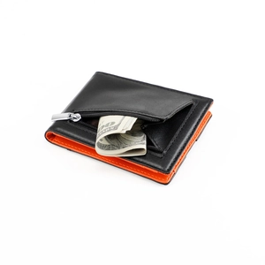 Slim men's leather bifold wallet with money clip, RFID blocking, and contrast orange interior