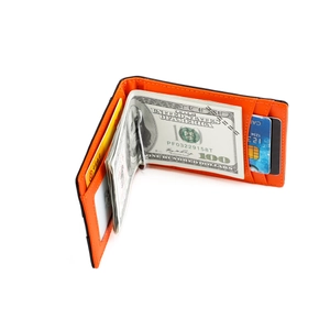 Slim orange leather RFID wallet for men with metal money clip and multiple card slots