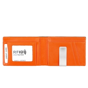 Innenansicht der orangefarbenen Ledergeldbörse mit RFID-Schutz und Geldklammer