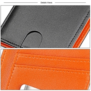 Makro-Detail der Brieftasche mit schwarzem Leder, orangefarbenem Futter und Geldklammer