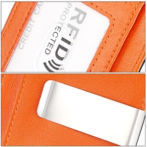 Detail der orangefarbenen Lederbörse mit RFID-Schutzfach und Edelstahl-Geldklammer aus Metall
