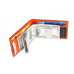 Minimalist RFID blocking slim leather bifold wallet with orange interior and money clip