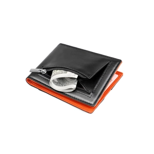 Slim bifold men's wallet with black and orange leather design and RFID blocking zipper
