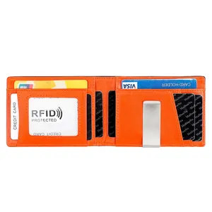 Slim RFID blocking bifold leather wallet in bright orange with stainless steel money clip