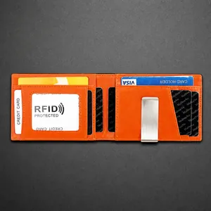 Slim orange genuine leather bifold wallet with metal money clip and RFID protection
