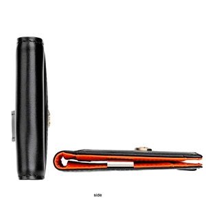 Slanke bifold portemonnee met zwart leer, oranje voering en metalen geldclip detail