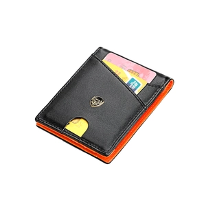 Slanke zwarte lederen portemonnee met oranje voering en gouden leeuwenlogo-badge